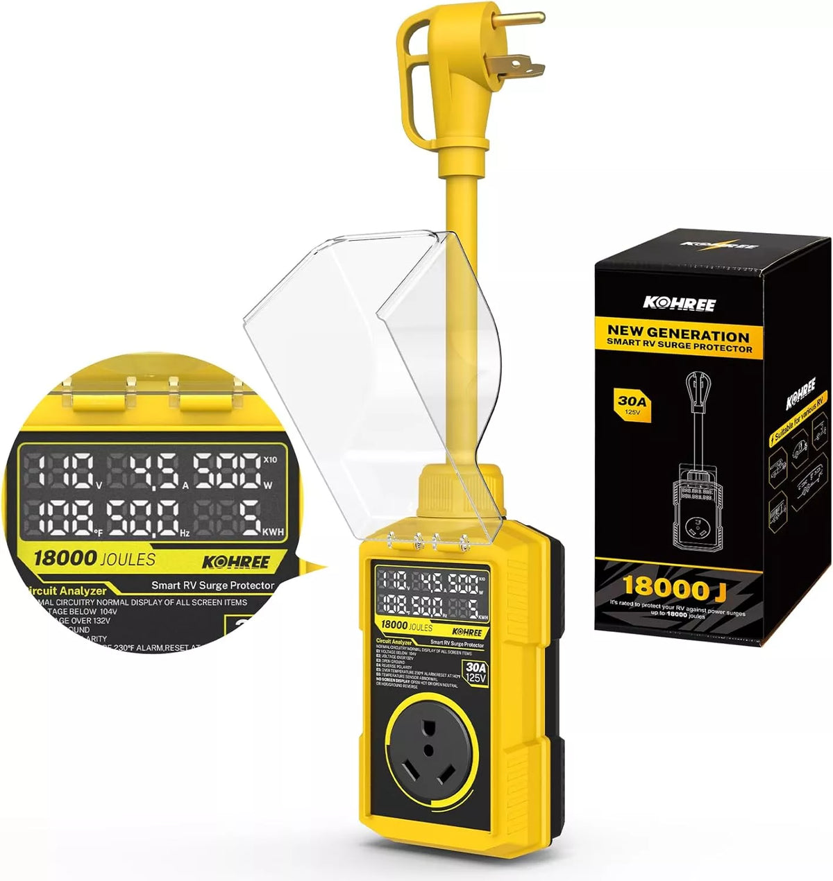 Kohree upgraded 30 amp yellow electrical surge protector with digital display and packaging