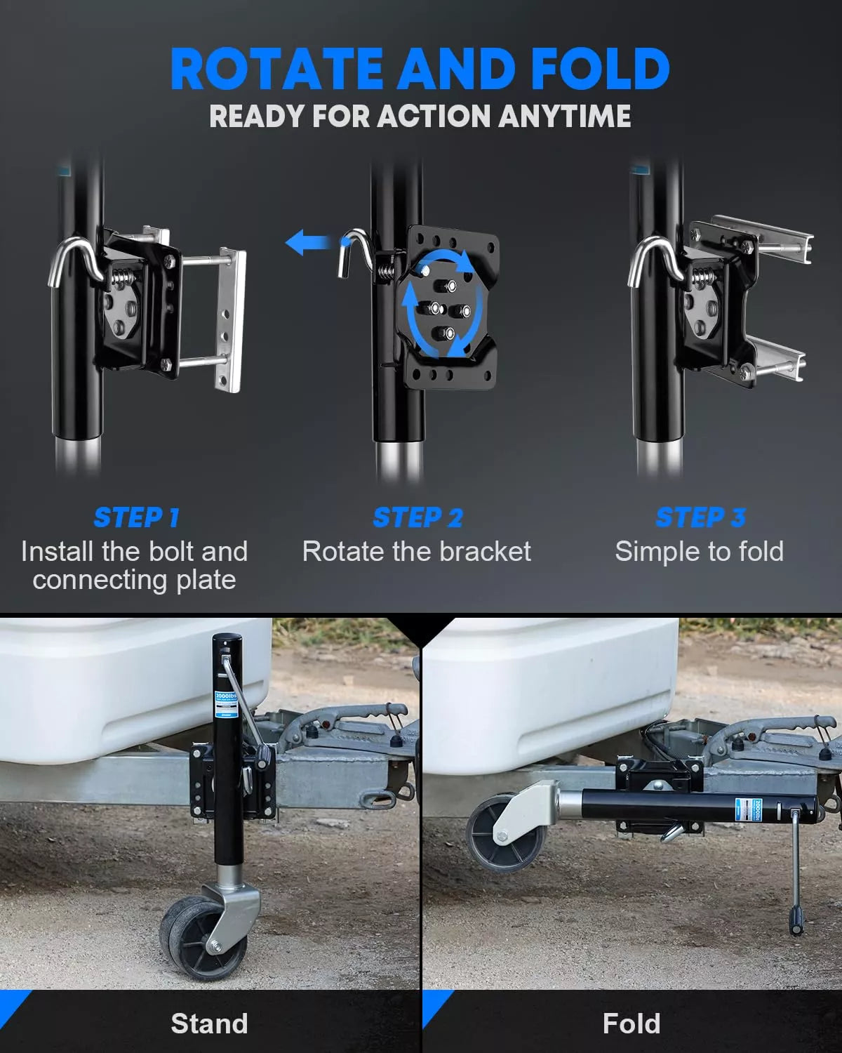 Step-by-step guide on how to use a rotate and fold mechanism for a trailer jack wheel.