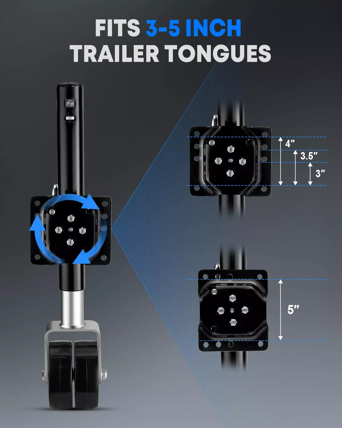 Trailer wheel jack component with dimensions and text indicating compatibility with 3-5 inch trailer tongues.