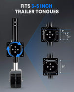 Trailer wheel jack component with dimensions and text indicating compatibility with 3-5 inch trailer tongues.