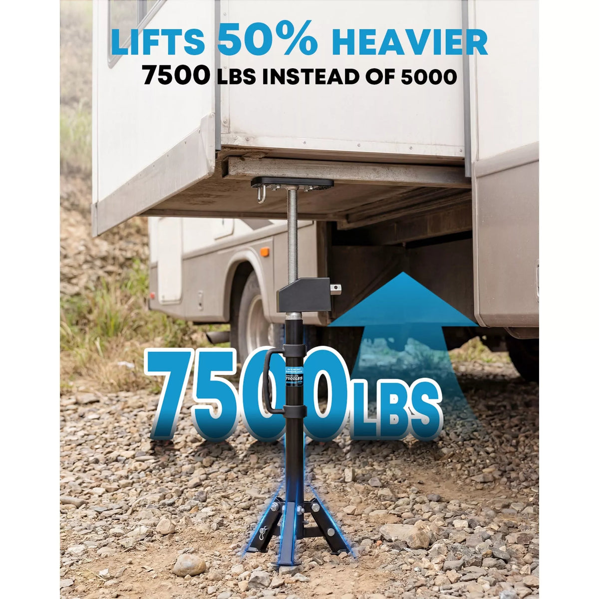 Trailer tripod jack with 7500 lbs capacity on a gravel road, lifting a trailer.