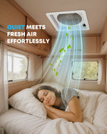 Blue manual RV roof vent fan with two-way ventilation for exhausting air or bringing in fresh air.