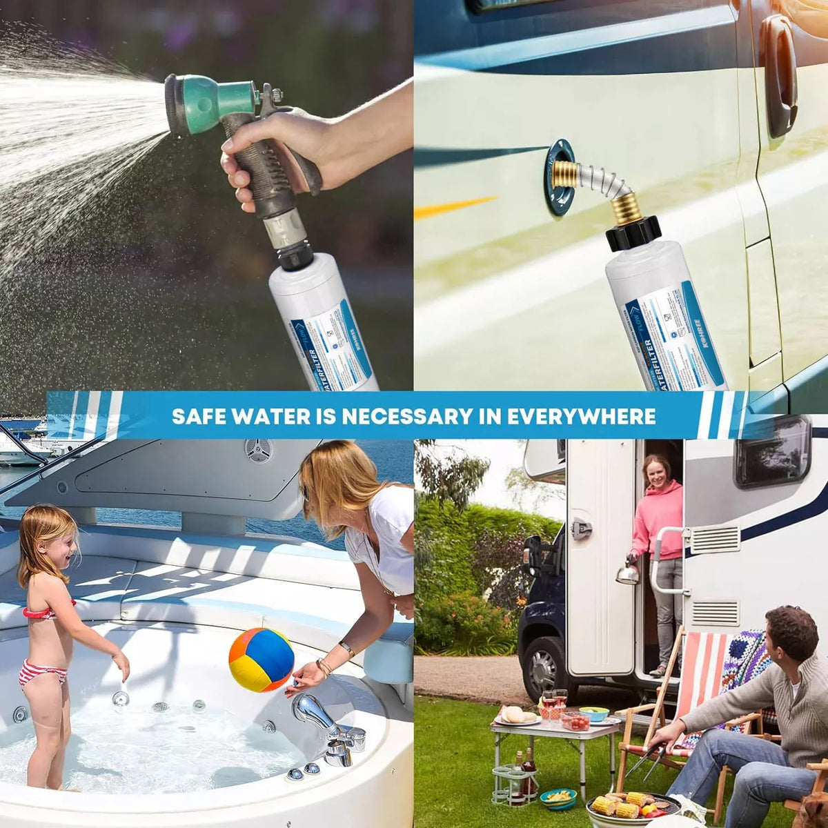 Water filter application for a water pump, car with water dispenser, family at a pool, and outdoor setting with people.