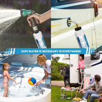 Water filter application for a water pump, car with water dispenser, family at a pool, and outdoor setting with people.