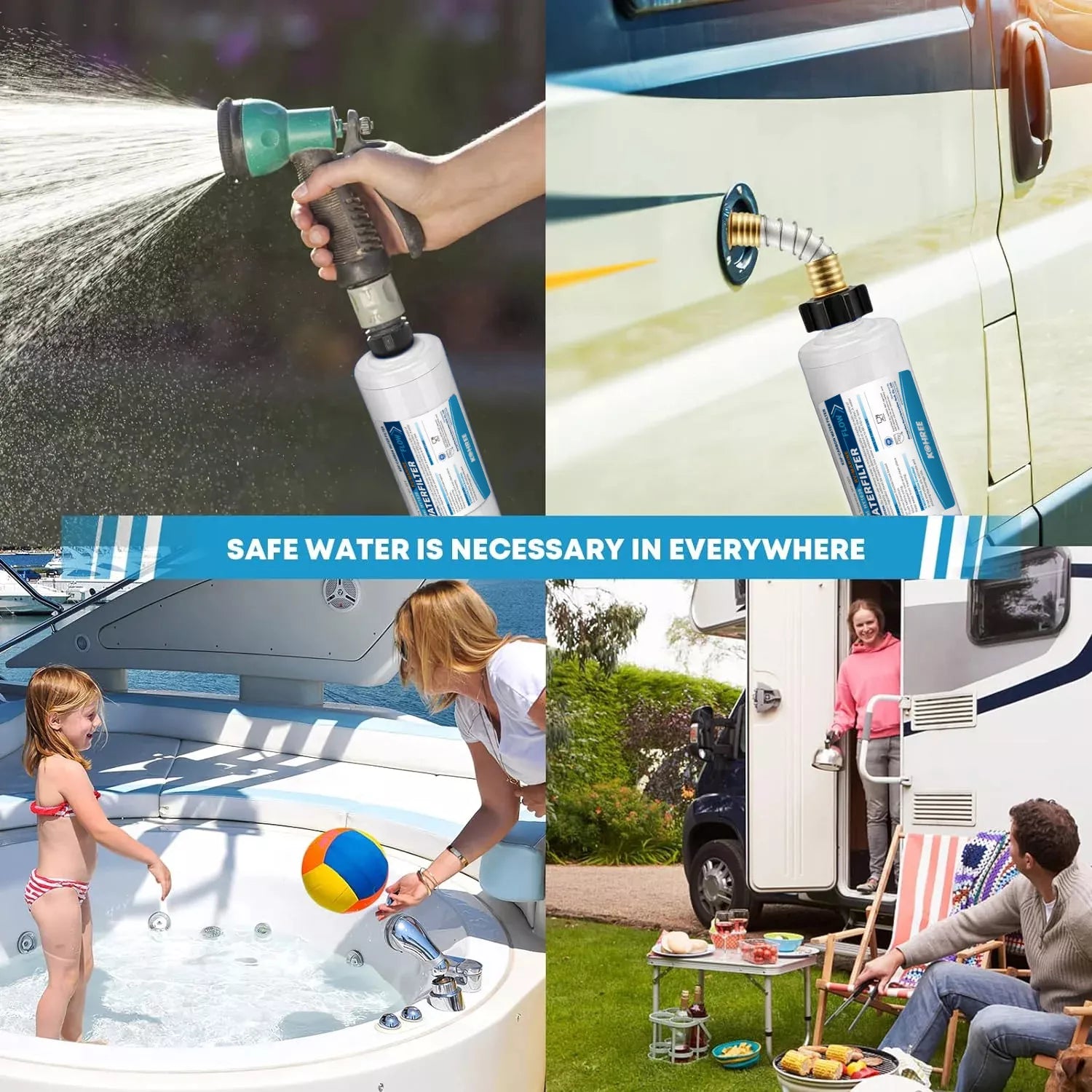 Water filter application for a water pump, car with water dispenser, family at a pool, and outdoor setting with people.
