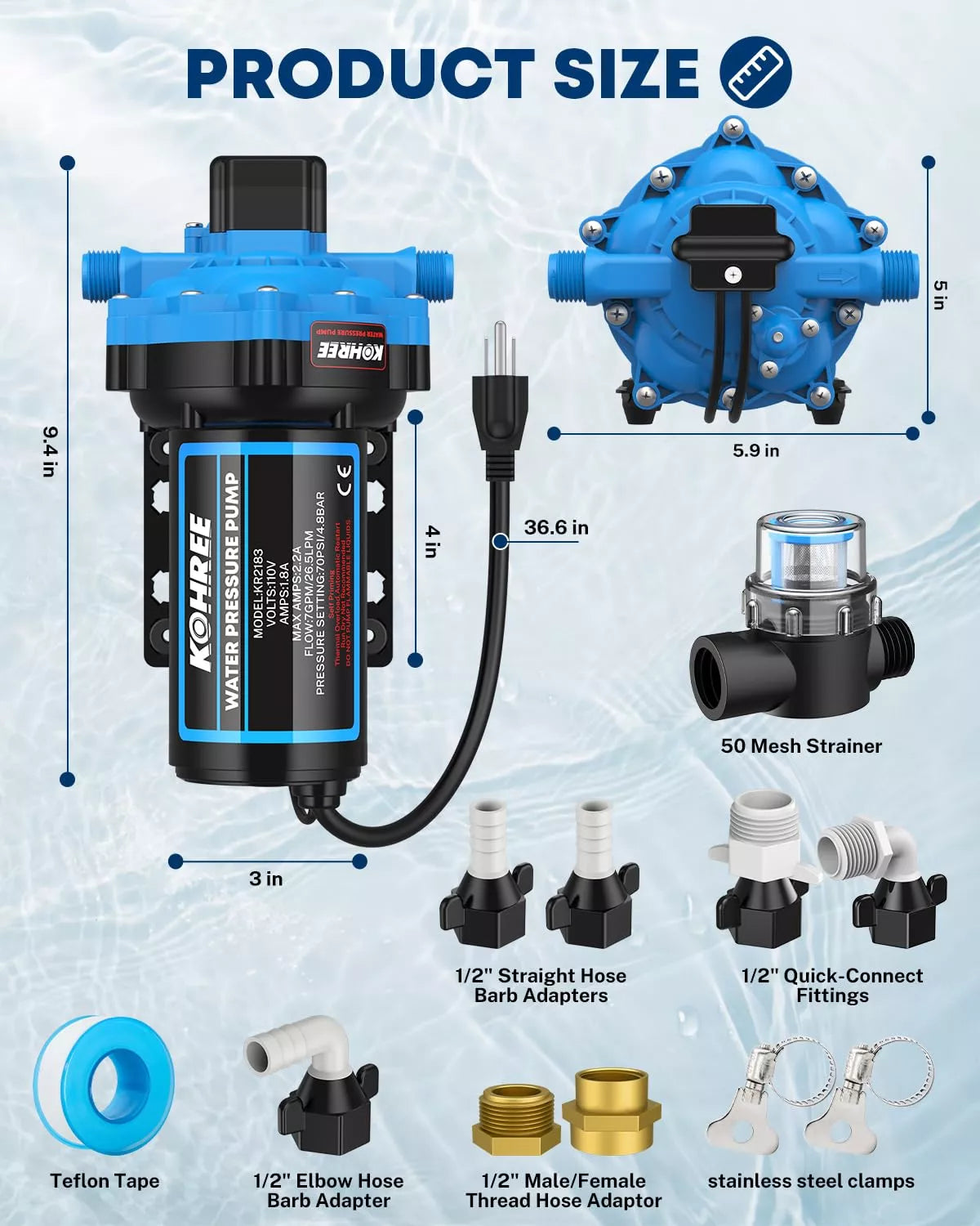 Kohree water pressure pump with accessories and dimensions 