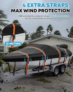 Waterproof and UV-resistant 4-layer boat cover helps protect boats from rain, snow, sun exposure, and outdoor debris.