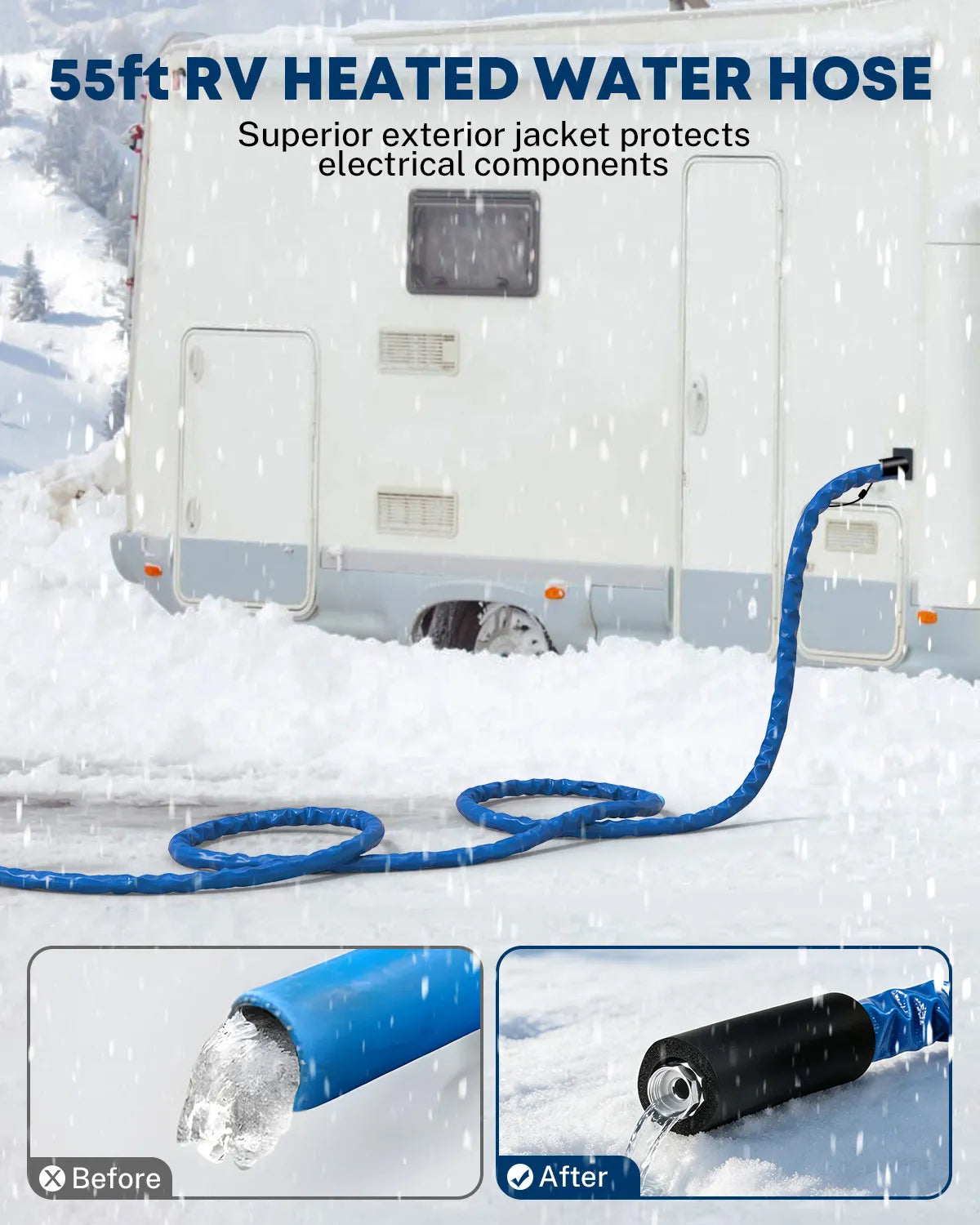 Weather-resistant heated RV water hose exterior helps resist abrasion, cracking, and UV exposure outdoors. 