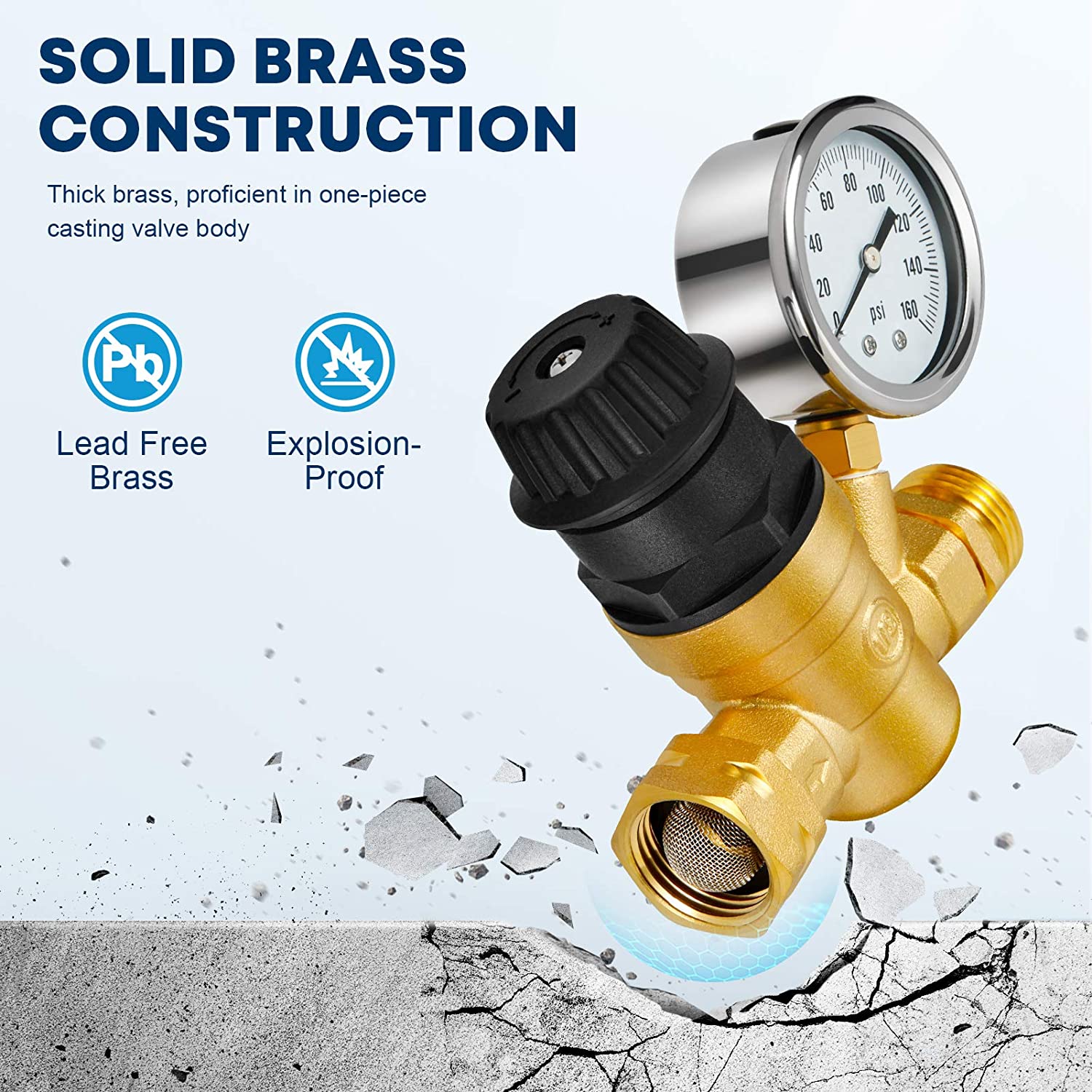 RV Camper Water Pressure Regulator Brass LEAD FREE Adjustable Pressure Gauge