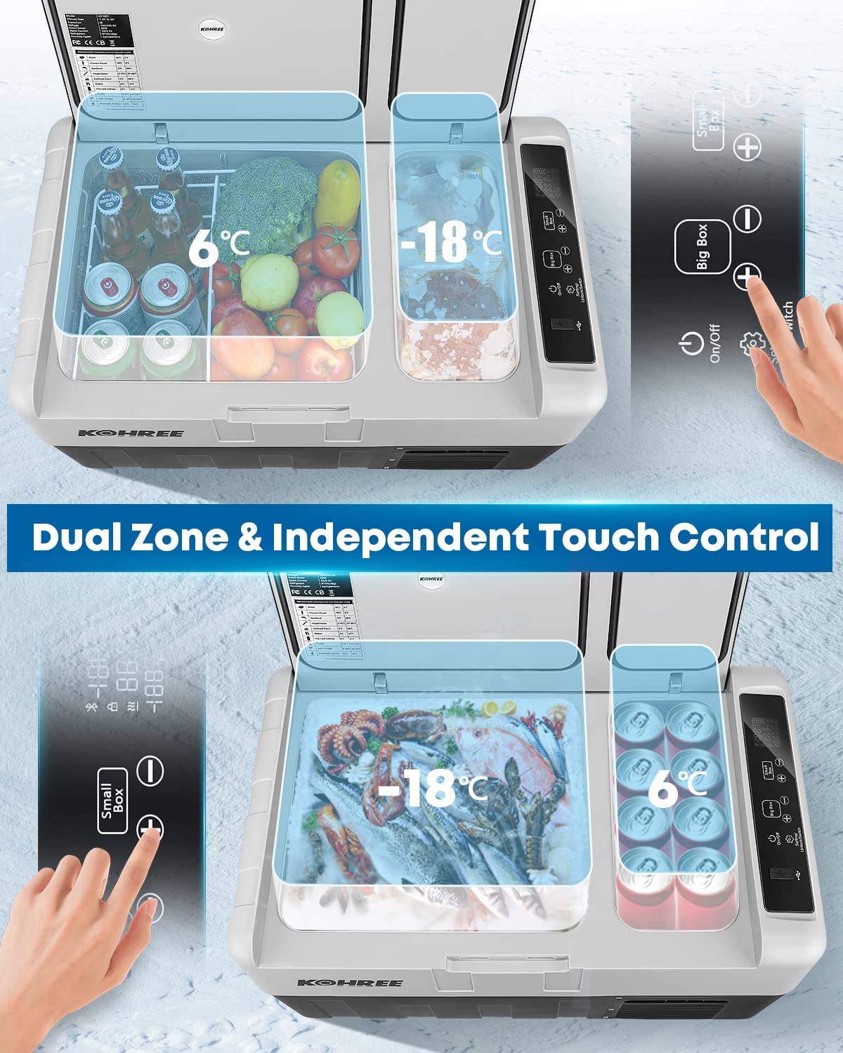 Kohree 12V Dual Zone Fridge Freezer 32 Quart Portable Refrigerator