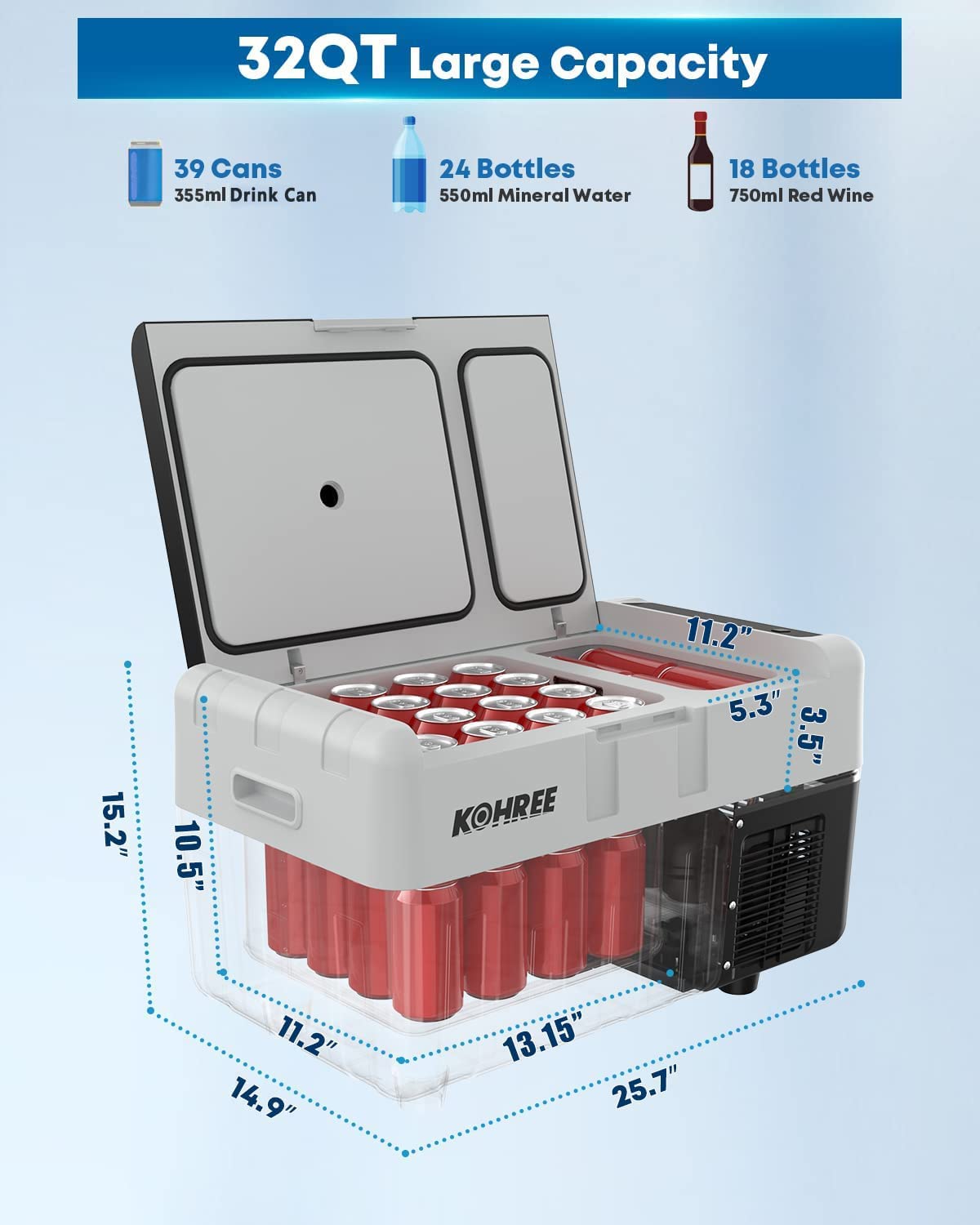 Kohree 12V Dual Zone Fridge Freezer 32 Quart Portable Refrigerator