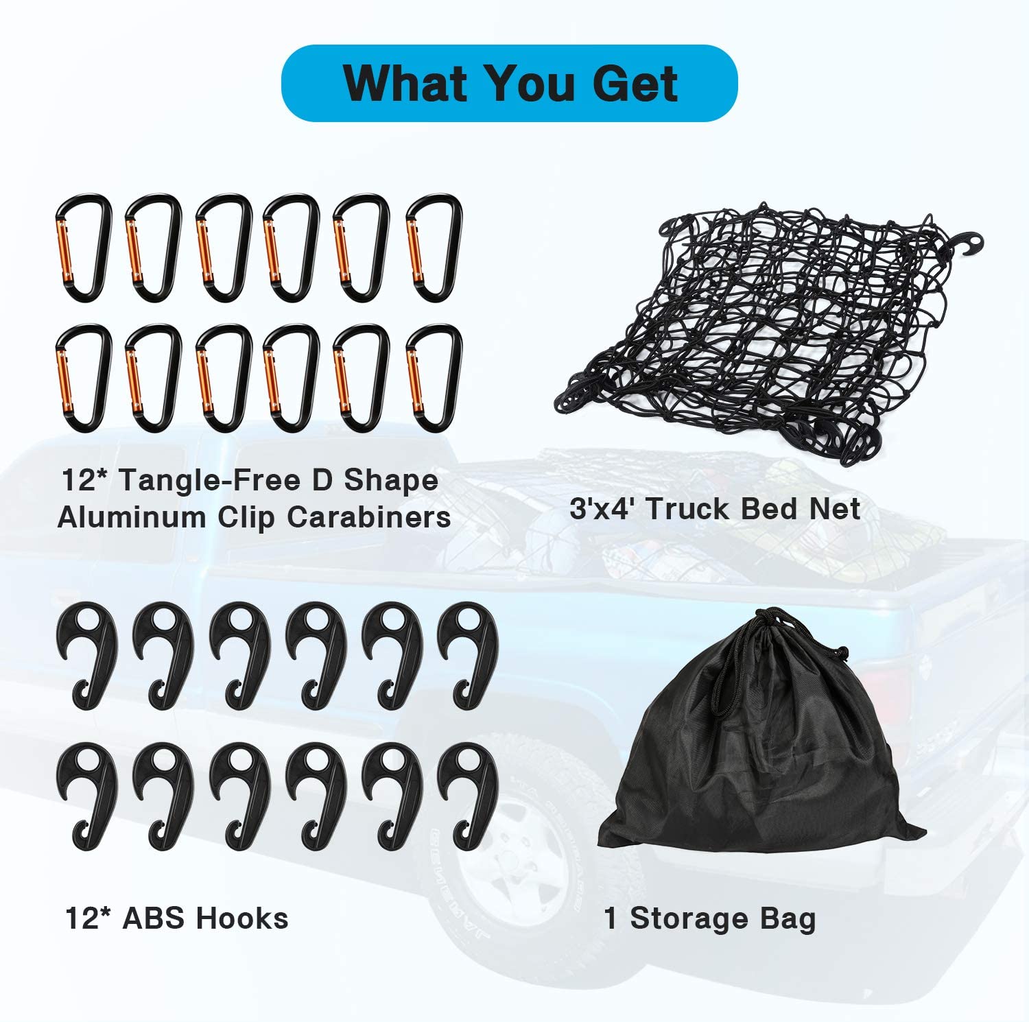 Truck bed net with hooks